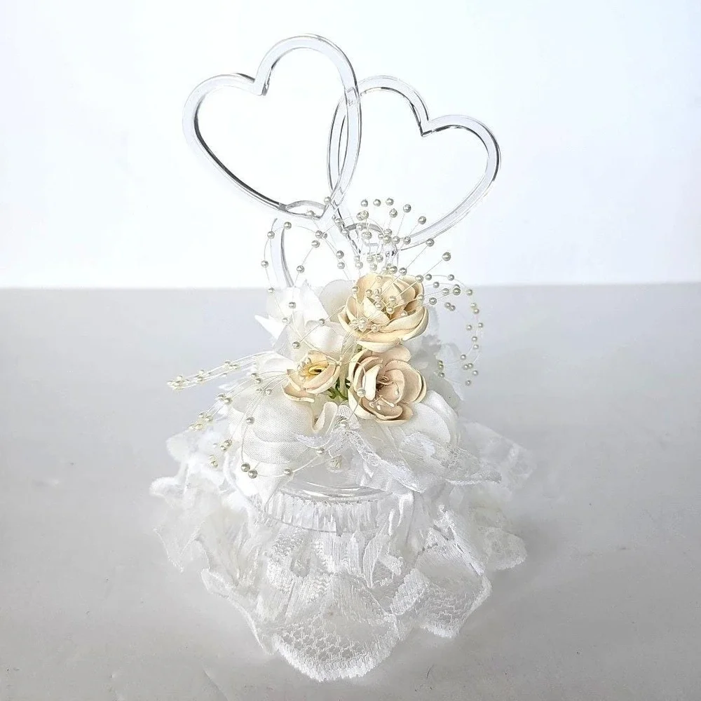 Vintage Wedding Cake Topper Double Heart Acrylic Lace‎ Faux Pearl Bridal Decor